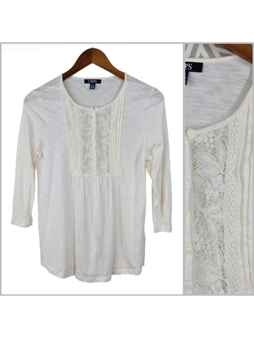 Chaps Ralph Lauren Henley Top Small Long Sleeve Lace 1/4 Button White